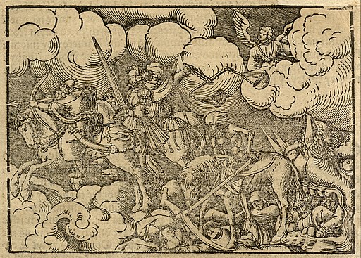 Grafika jeźdźców apokalipsy z Biblii Leopolity.